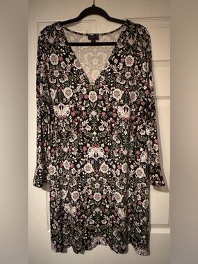 J. Jill Sz Large Petite Black Floral Midi Dress White Green & Pink Accents